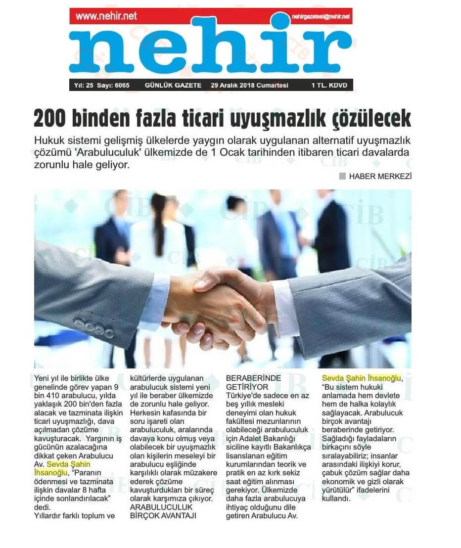 Nehir Gazetesi - 200 Binden Fazla Ticari Uyuşmazlık Çözülecek