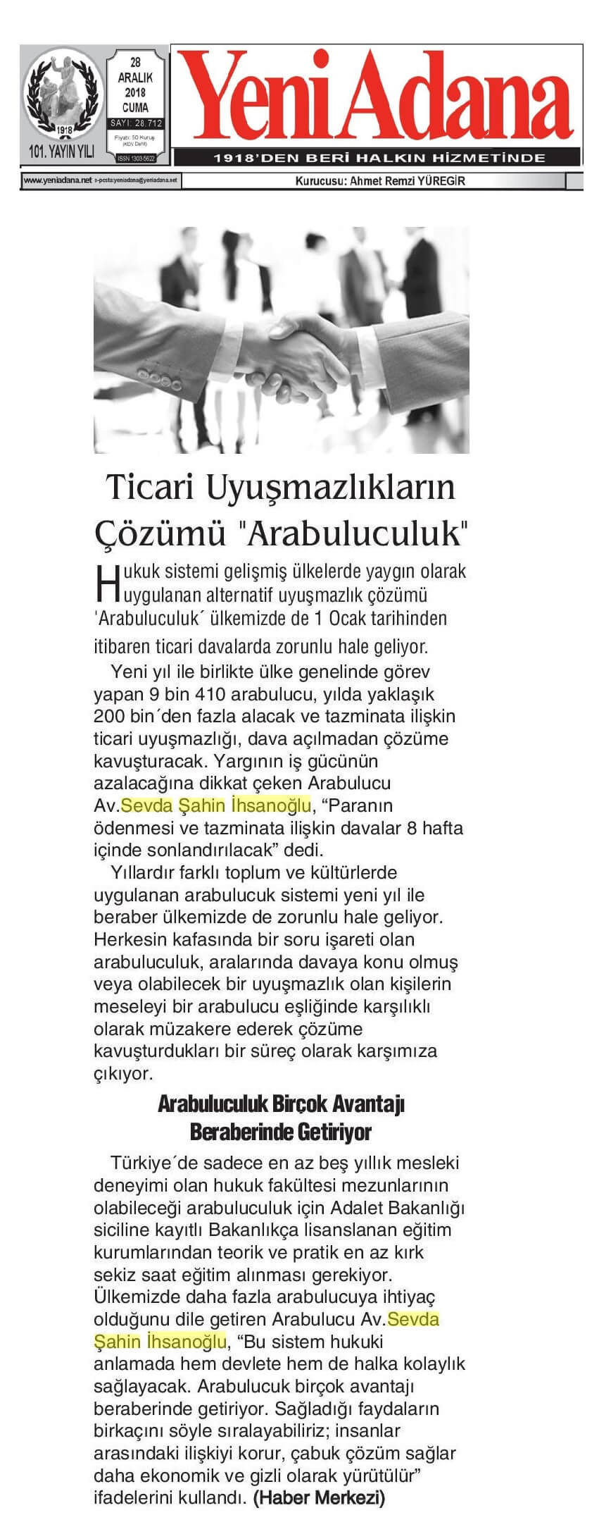 Yeni Adana - Ticari Uyuşmazlıkların Çözümü "Arabuluculuk"