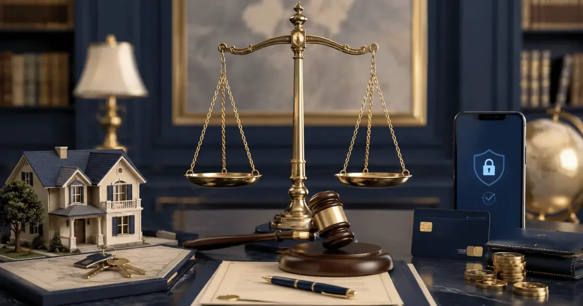 IBAN kullandırma ve miras taşınmazlarının satışına ilişkin hukuki düzenlemeleri simgeleyen adalet terazisi, ev modeli, banka kartı ve mahkeme tokmağı.