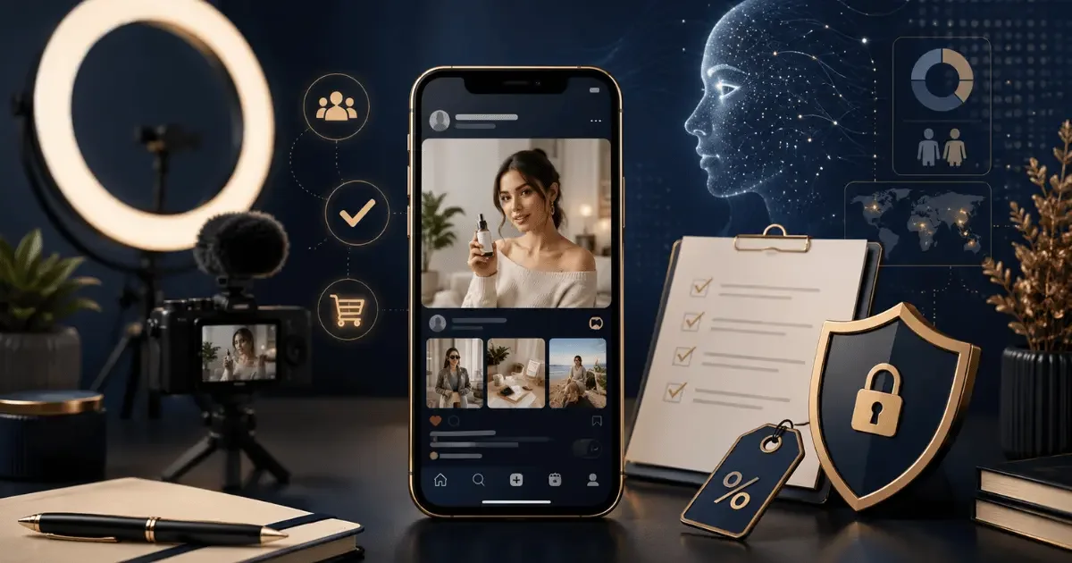 Influencer reklamları, yapay zekâ kullanımı, hedefli reklamlar ve dijital reklam kurallarını simgeleyen sosyal medya içerik üretim sahnesi.